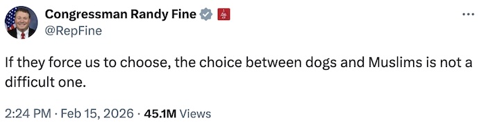 Rep Fine on X.com; If they force us to choose, the choice between dogs and Muslims is not a difficult one.