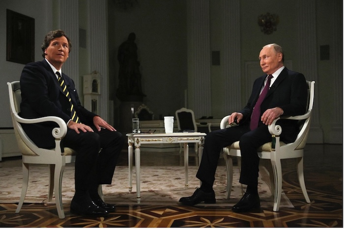 Tucker Carlson interviewing Vladimir Putin at the Kremlin on February 6, 2024. Kremlin Pool Photo via AP