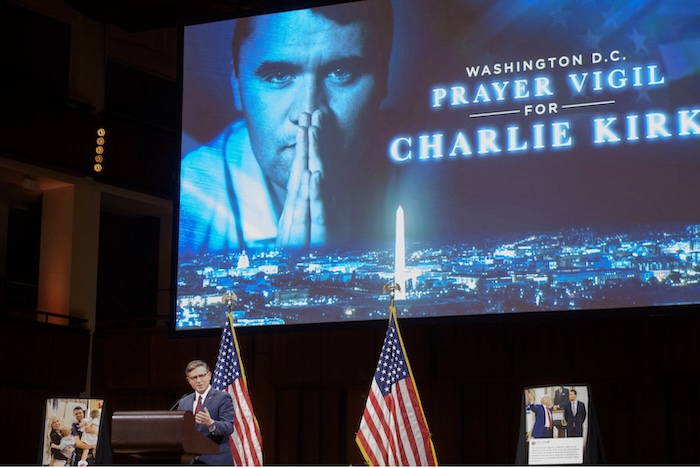 Speaker of the House Mike Johnson (R-La.) at a memorial for Charlie Kirk at the John F. Kennedy Memorial Center for the Performing Arts on Sunday in Washington. Rod Lamkey Jr./AP