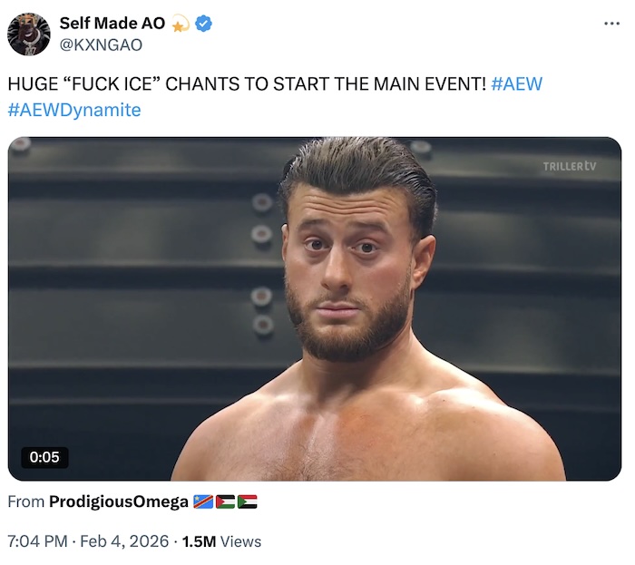 KXNAGO on X.com; HUGE “FUCK ICE” CHANTS TO START THE MAIN EVENT! #AEW #AEWDynamite