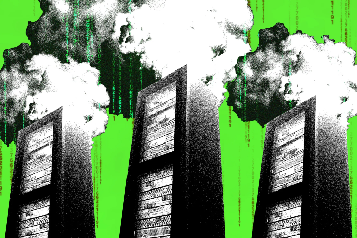 An illustration of three data center racks on fire in black and white. The background is green with some number sequences that visually indicate data.
