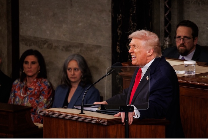 President Donald Trump delivers his State of the Union address at the Capitol on Tuesday. Samuel Corum/Sipa via AP Images