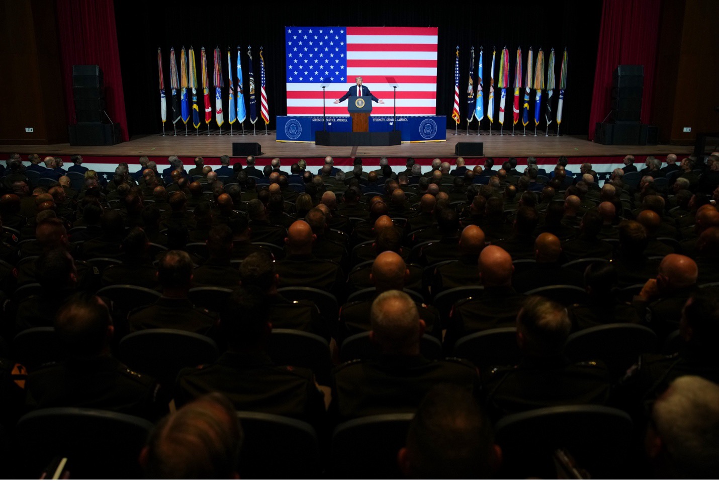 President Donald Trump speaks to top US military commanders at Marine Corps Base Quantico on Tuesday. Andrew Harnik/Pool via AP
