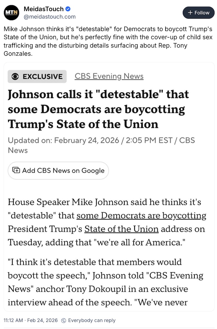 MeidasTouch on Bluesky; Mike Johnson thinks it's 