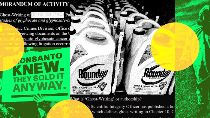 An illustration combining a text explanation of Ghost-Writing, a sign reading Monsanto Knew. They sold it anyway. And several canisters of Roundup.