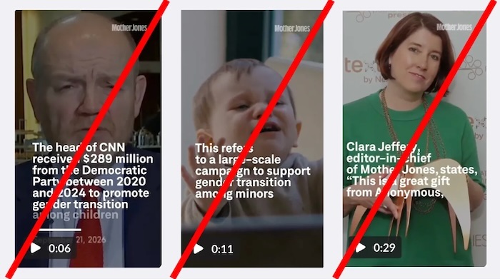 Still images from a video that Russian disinformation operators have been circulating on social media. The video purports to be from Mother Jones, but it is not. Mother Jones.  