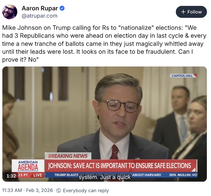 Aaron Rupar on Bluesky; Mike Johnson on Trump calling for Rs to 