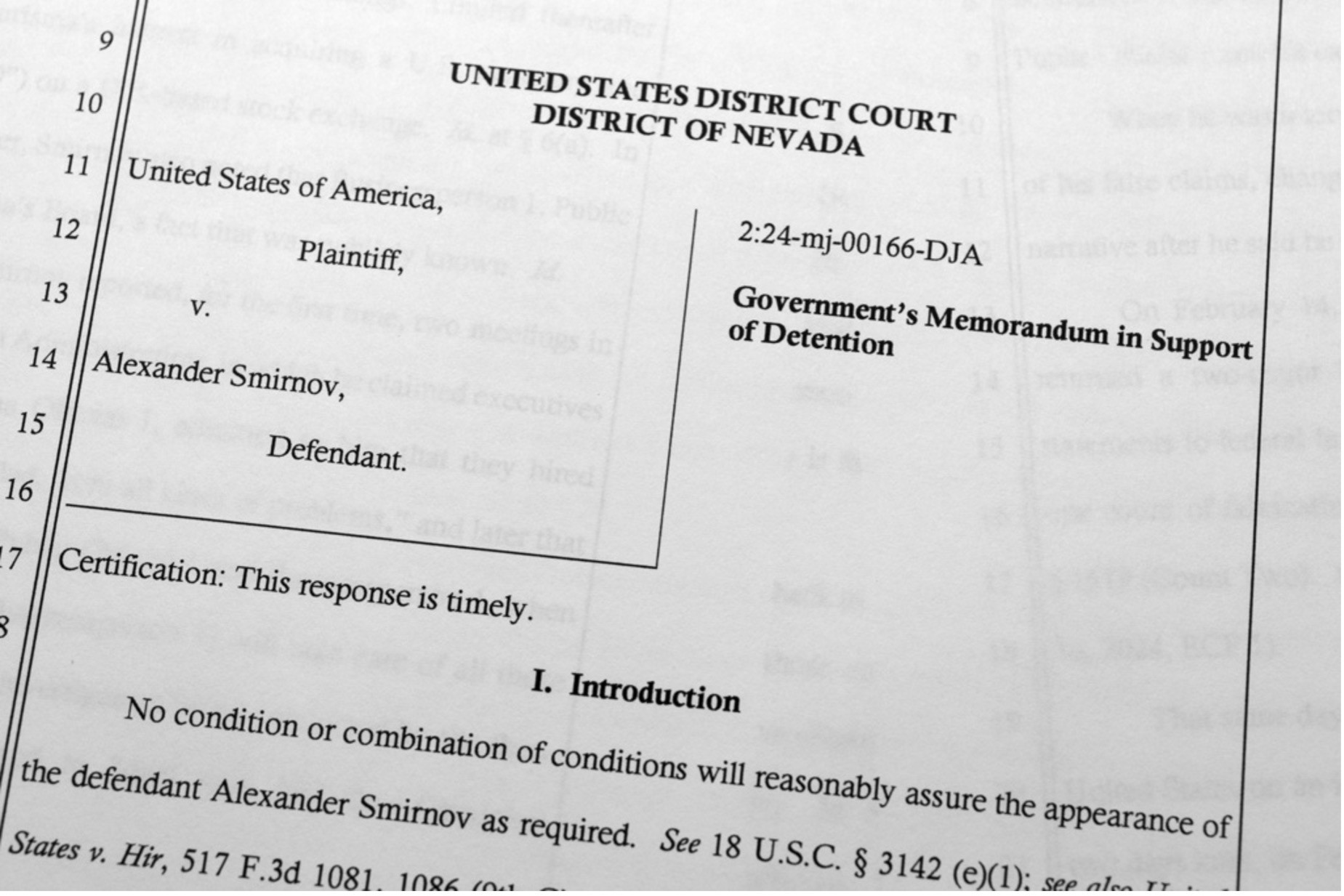 The government's memorandum in support of the detention of Alexander Smirnov that was filed in early 2024. Jon Elswick/AP 