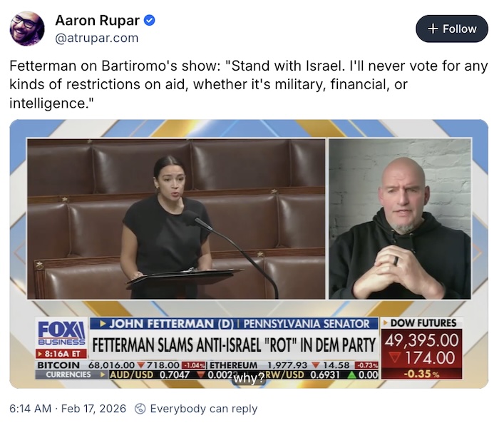 Aaron Rupar on Bluesky; Fetterman on Bartiromo's show: 