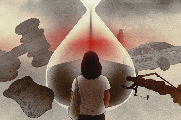A woman facing away from the viewer stands in front of a larger-than-life hourglass. Other objects floating nearby include a gavel, a police badge with the words “Boston Police,” a statue of Lady Justice, a police car and a far-off silhouette of a person smoking.