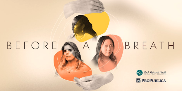 Before A Breath promo image shows three main characters of the documentary with hands around them like a pregnant mother holding her belly.