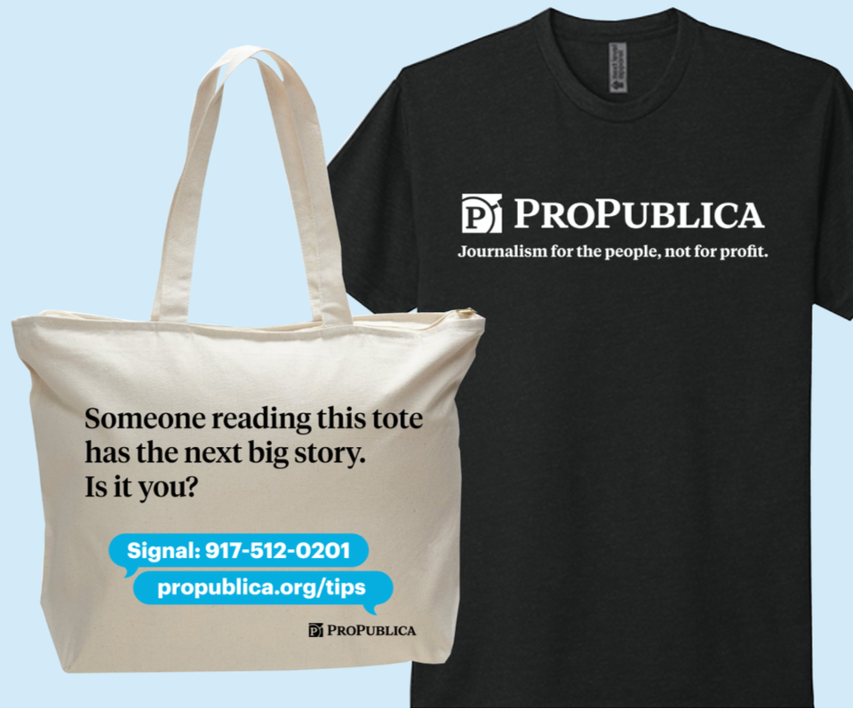 image of ProPublica thank you gifts. A black t-shirt with the ProPublica logo and tagline 