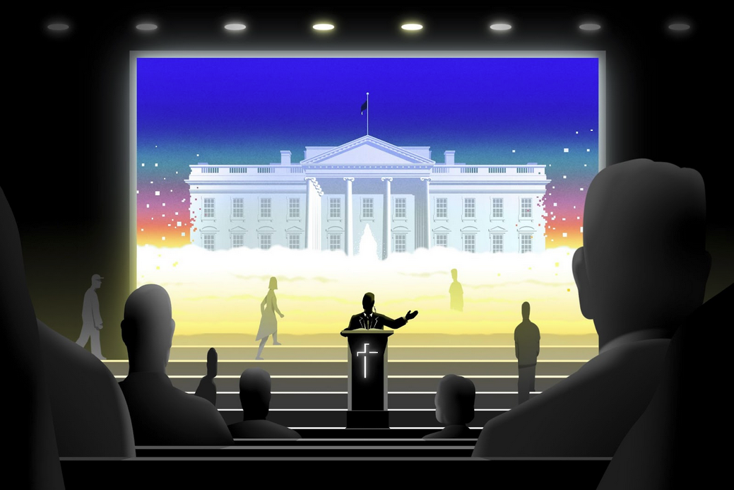 An illustration of a pastor standing at a podium in front of a large colorful projection of the White House floating on a bed of clouds.