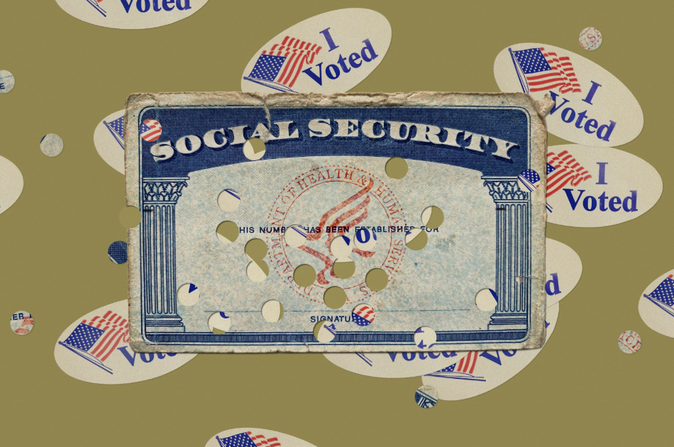 Illustration of a Social Security card with holes punched through it surrounded by a bunch of I Voted stickers