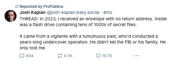 Screenshot of Bluesky post by reporter Josh Kaplan that reads 