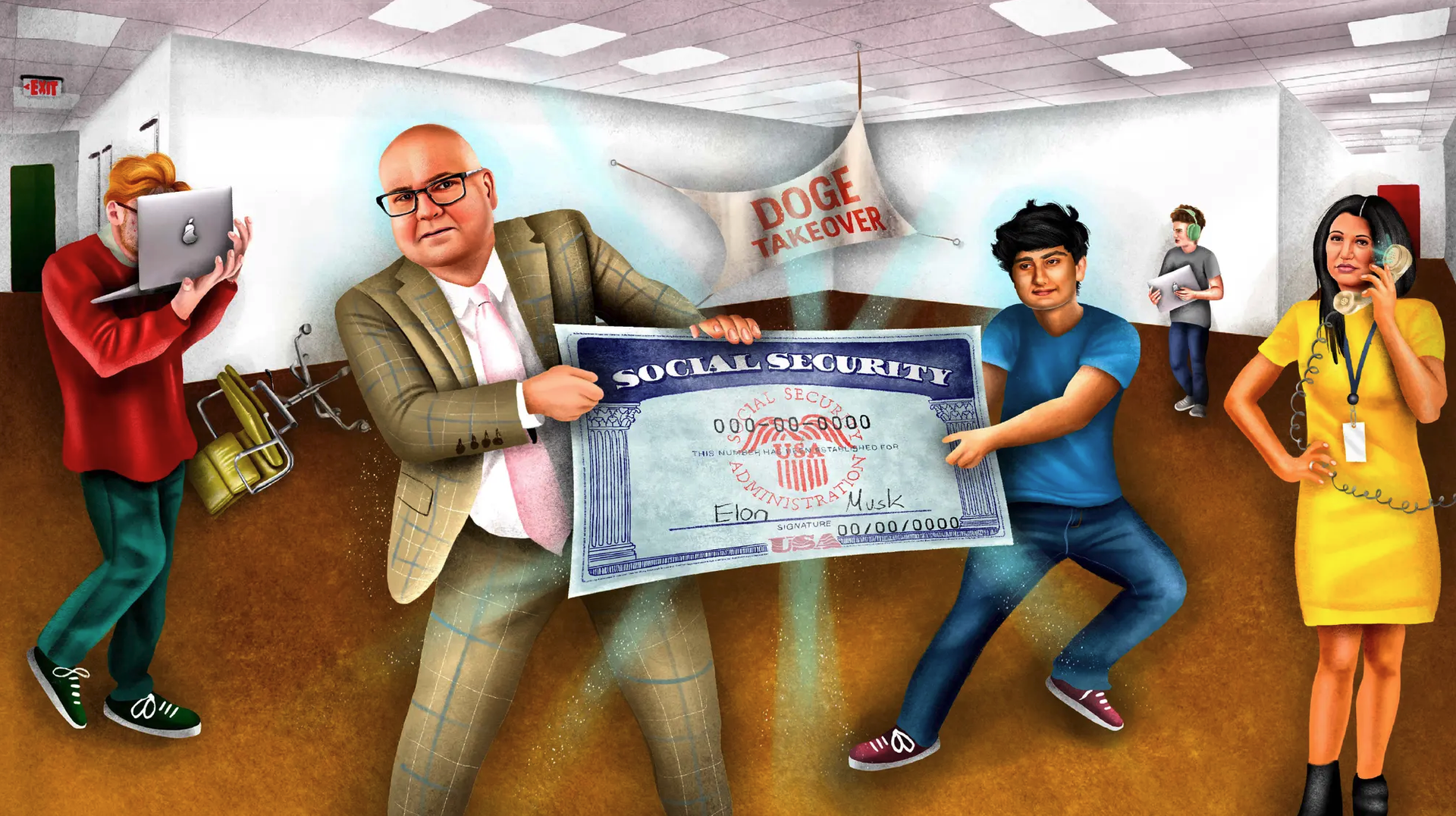 An illustration featuring a man in a suit holding a corner of an enlarged social security card while another man in jeans holds the opposite corner.