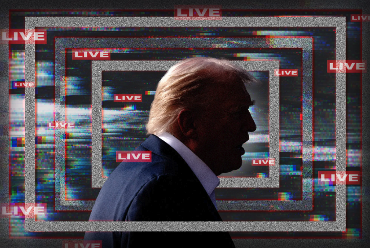 Concentric frames surround President Donald Trump’s profile with the word “LIVE” repeated around him, as if from a television show. The background is pixelated and reminiscent of television static or glitching.