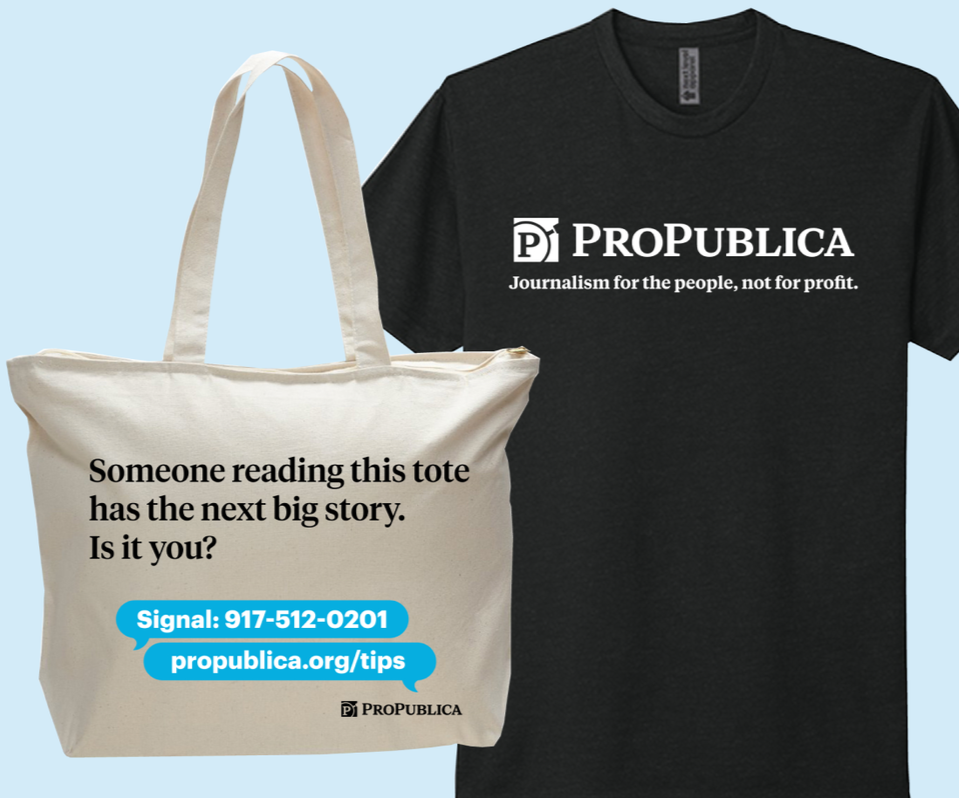 image of ProPublica thank you gifts. A black t-shirt with the ProPublica logo and tagline 