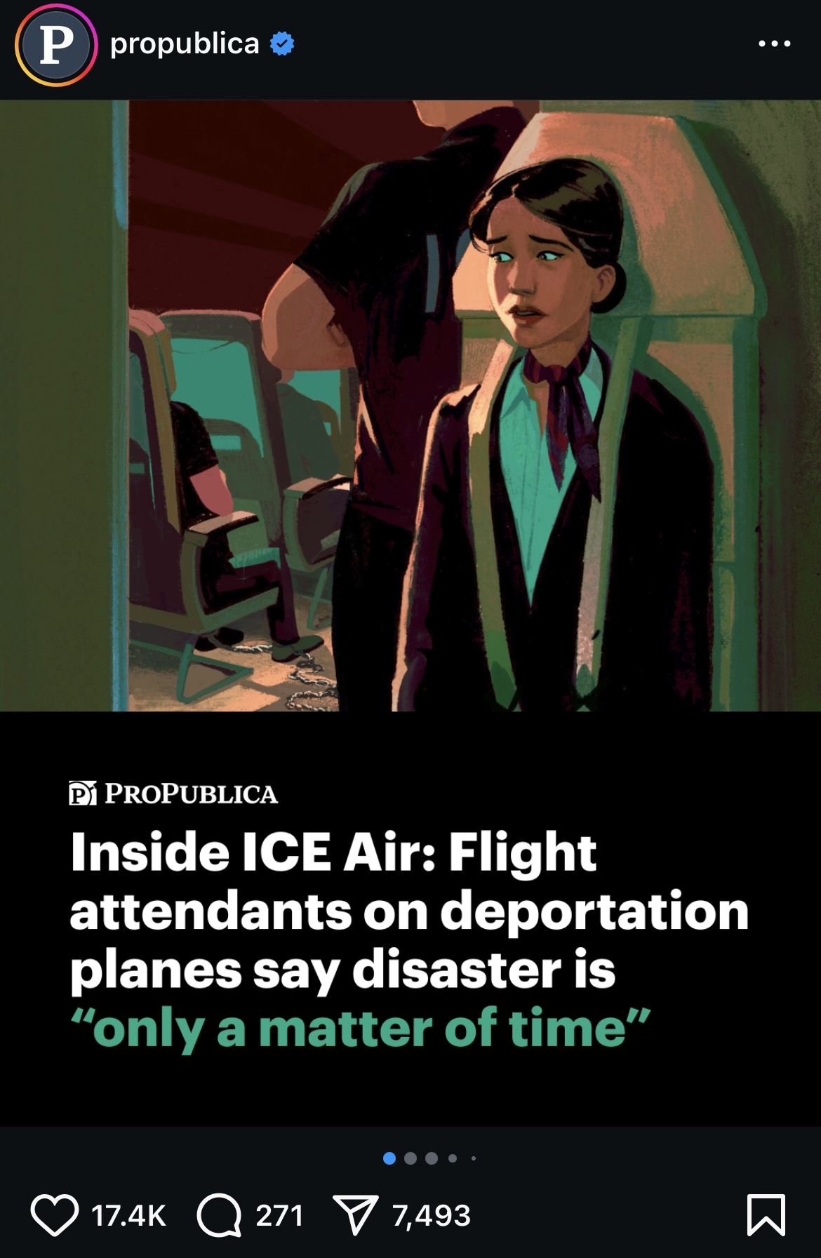 Screenshot of an Instagram post with an illustration of a flight attendant buckled into a seat with a migrant in ankle cuffs behind her. Headline below reads, 