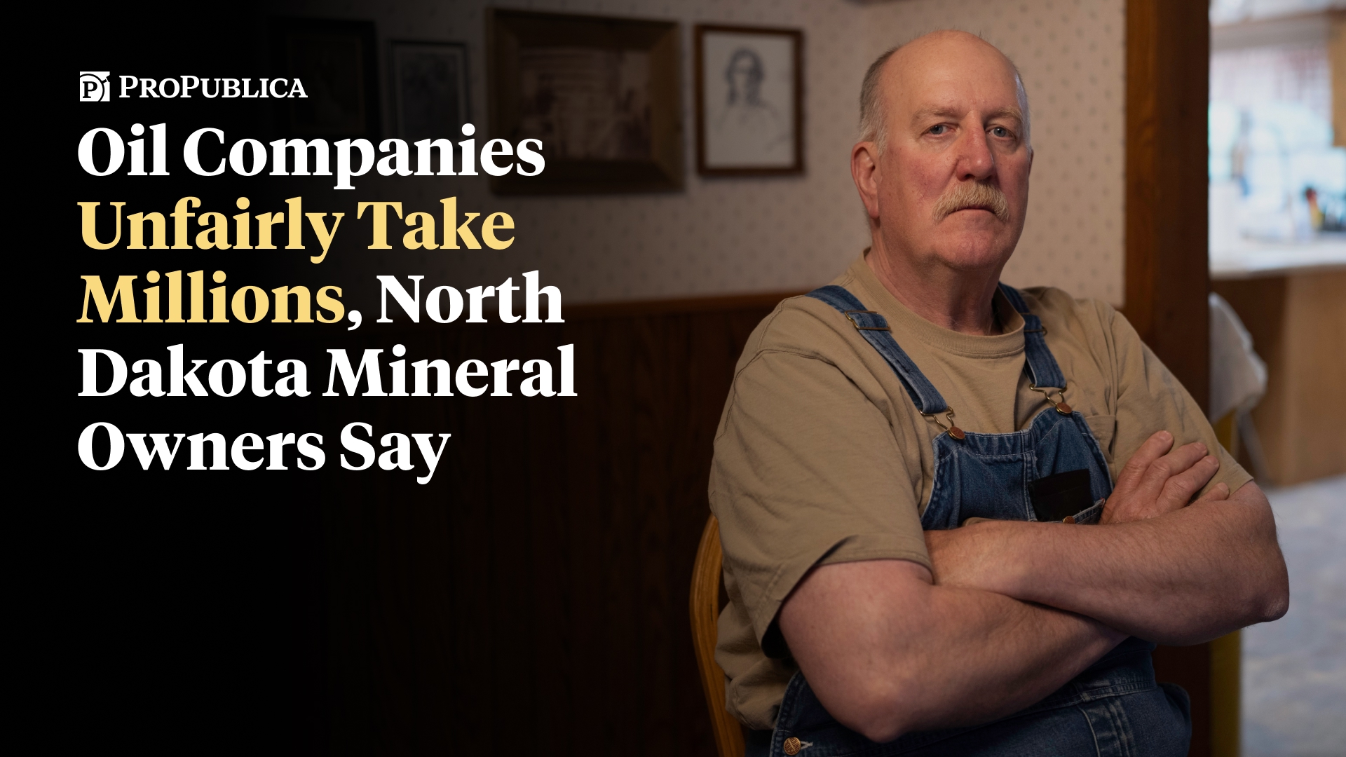 A North Dakota man wearing overalls stands with his hands crossed in a promotional image for a video.