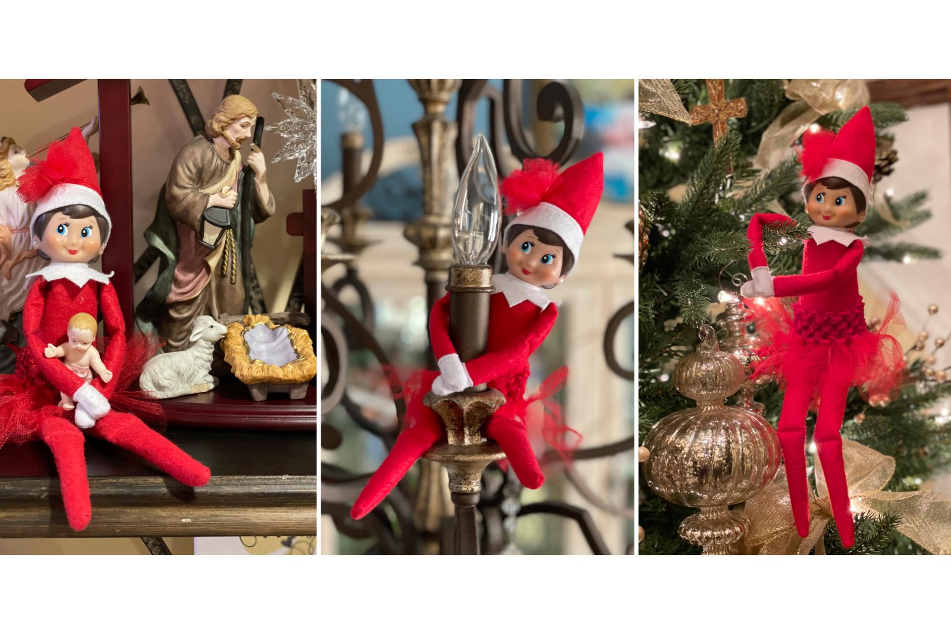 This combination of photos shows an Elf on the Shelf doll in various locations at the home of Antonia Katsanos in Totowa, N.J. (Antonia Katsanos via AP)