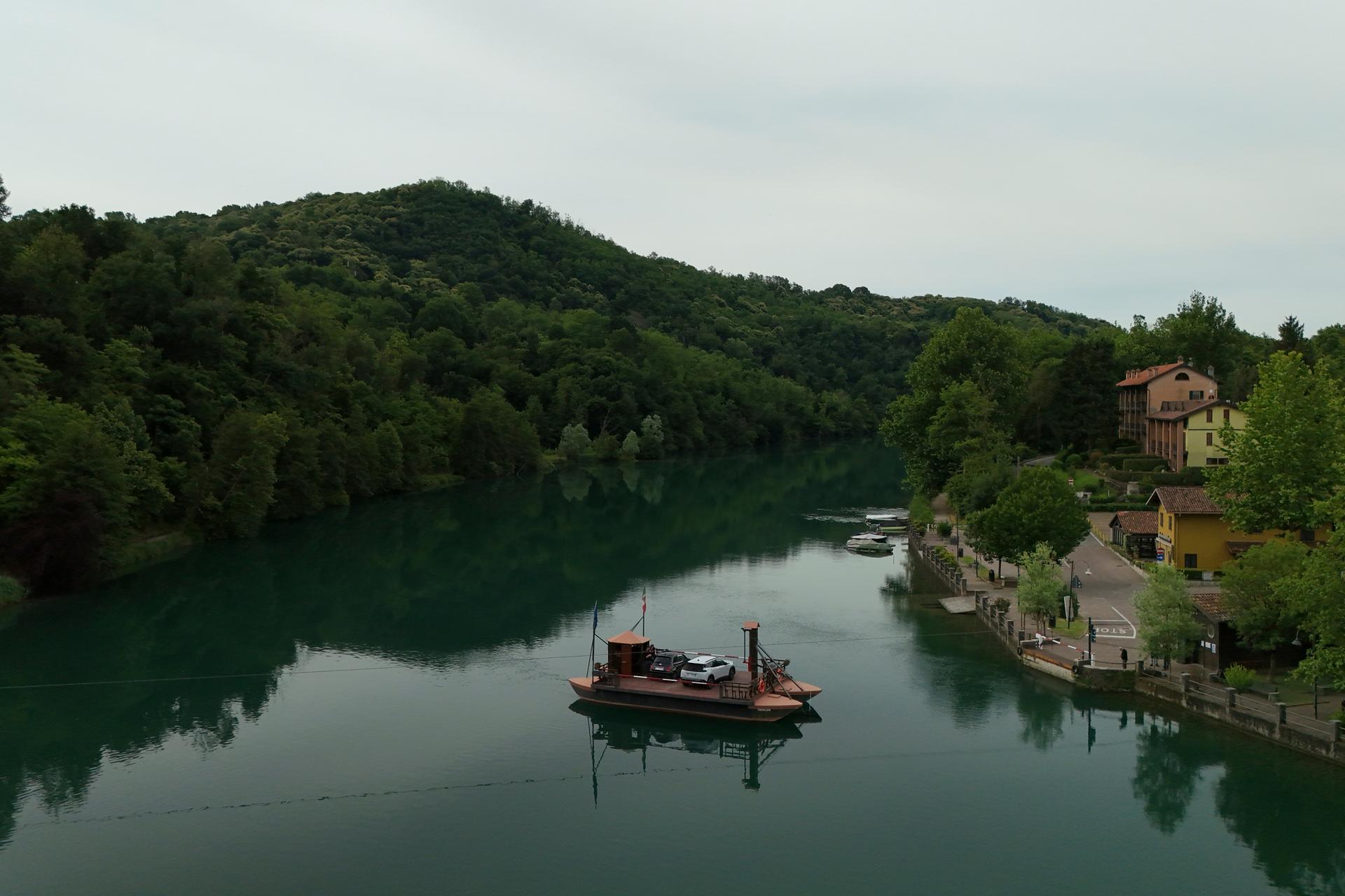 A hand-operated ferry of a type sketched by Leonardo da Vinci in 1513, on the Adda River between the provinces of Lecco and Bergamo, in Imbersago, Italy, June 4.