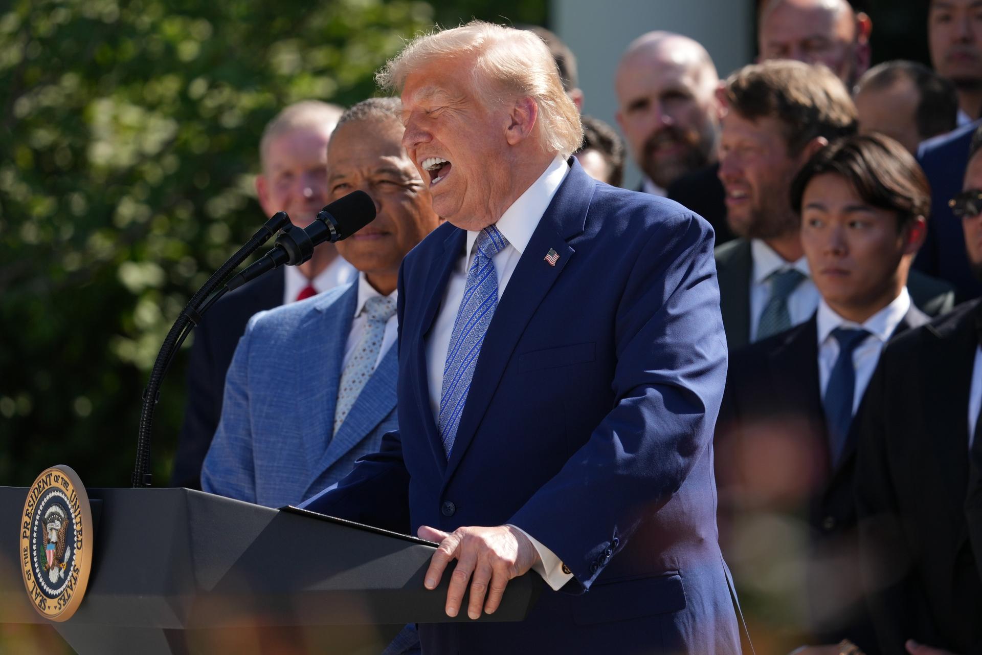 President Donald Trump speaks during an event in the Rose Garden of the White House, Thursday, in Washington.