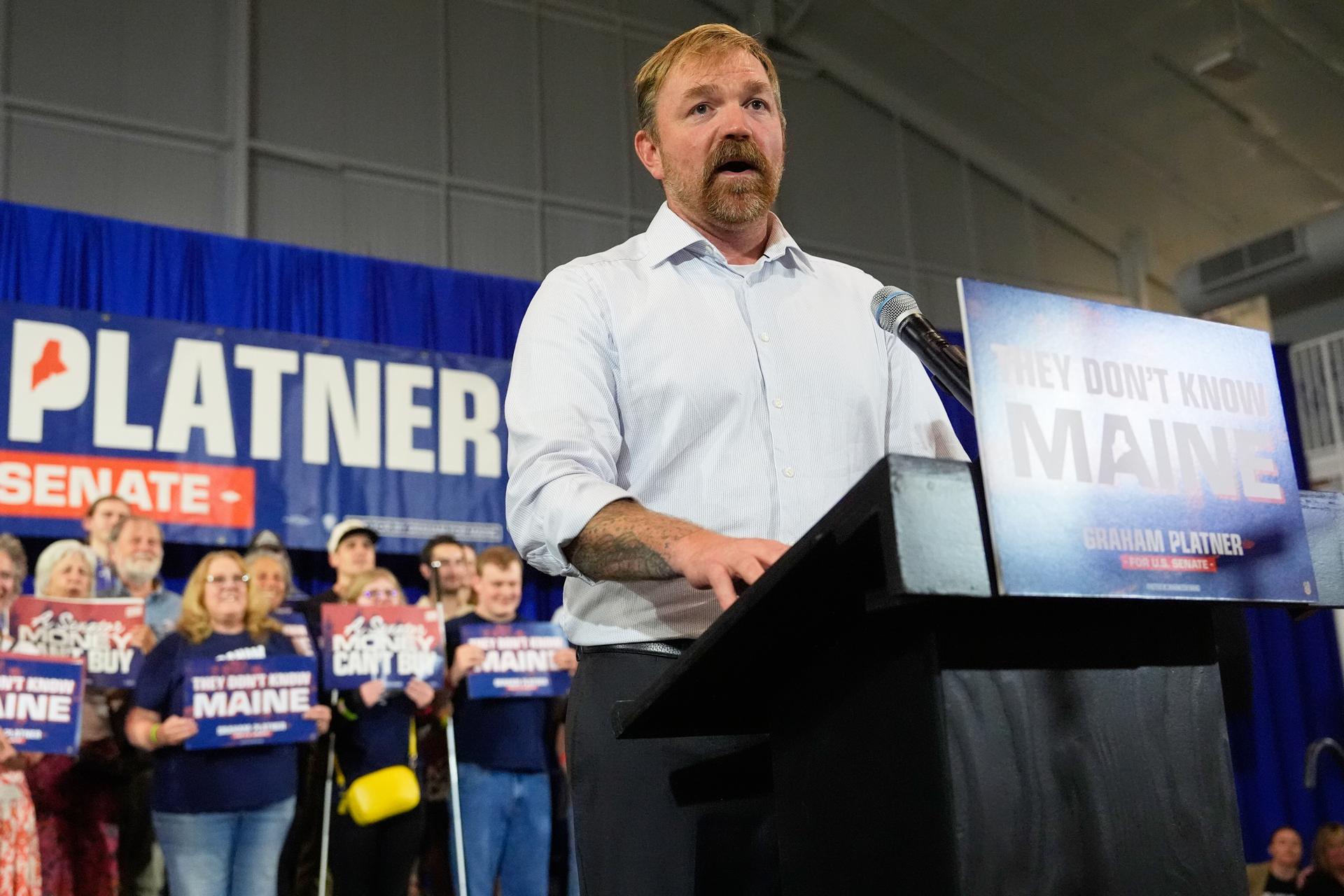 Graham Platner speaks during a primary election night watch party after winning the Democratic nomination, June 9, in Blue Hill, Maine. 