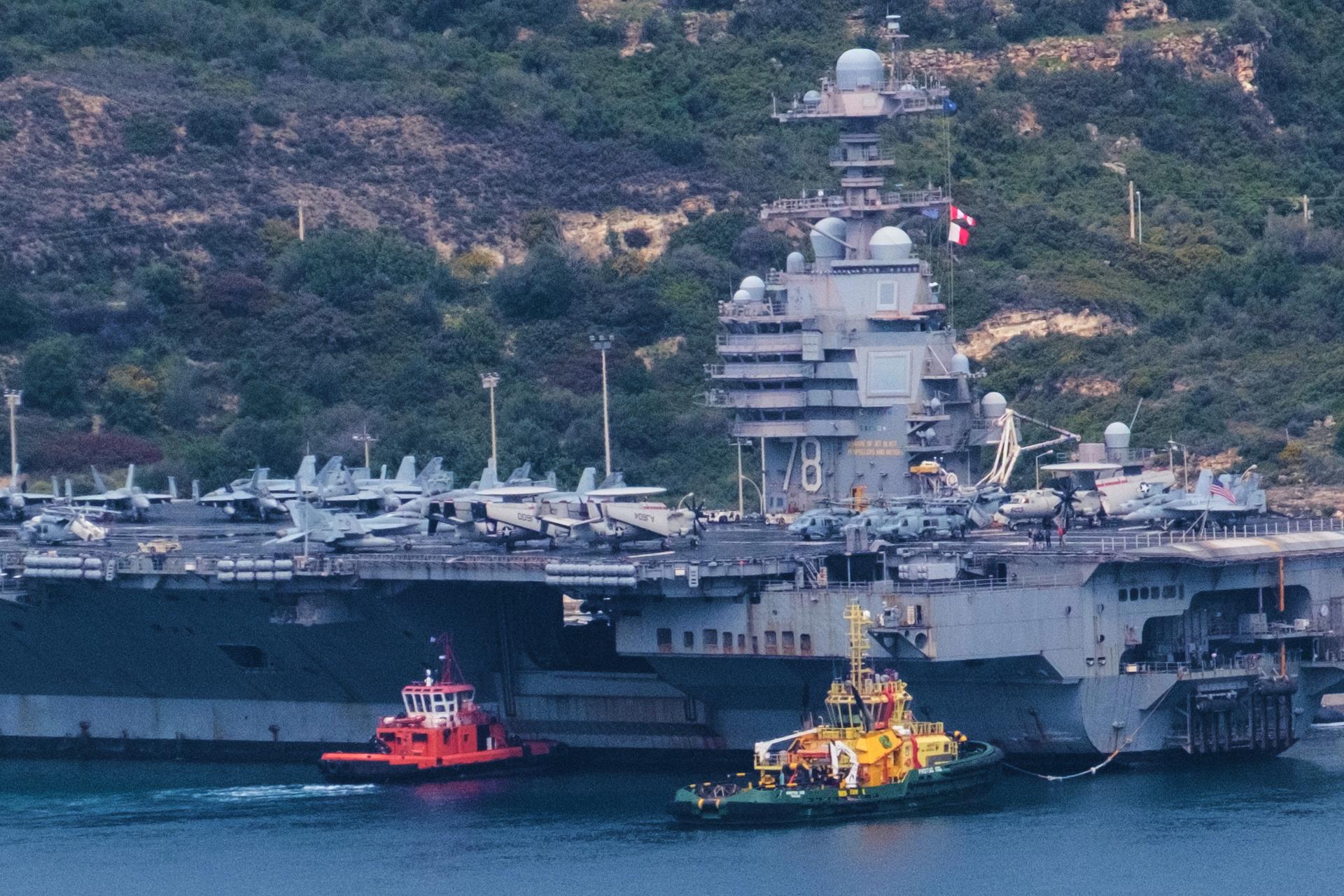 The USS Gerald R. Ford aircraft carrier is docked at Souda Naval Base near Chania on the island of Crete, March 23.