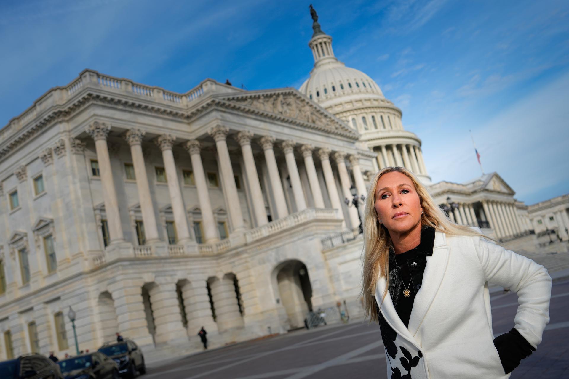 Rep. Marjorie Taylor Greene, R-Ga., arrives at a news conference on the Epstein Files Transparency Act outside the U.S. Capitol on Tuesday. (AP Photo/Julia Demaree Nikhinson)