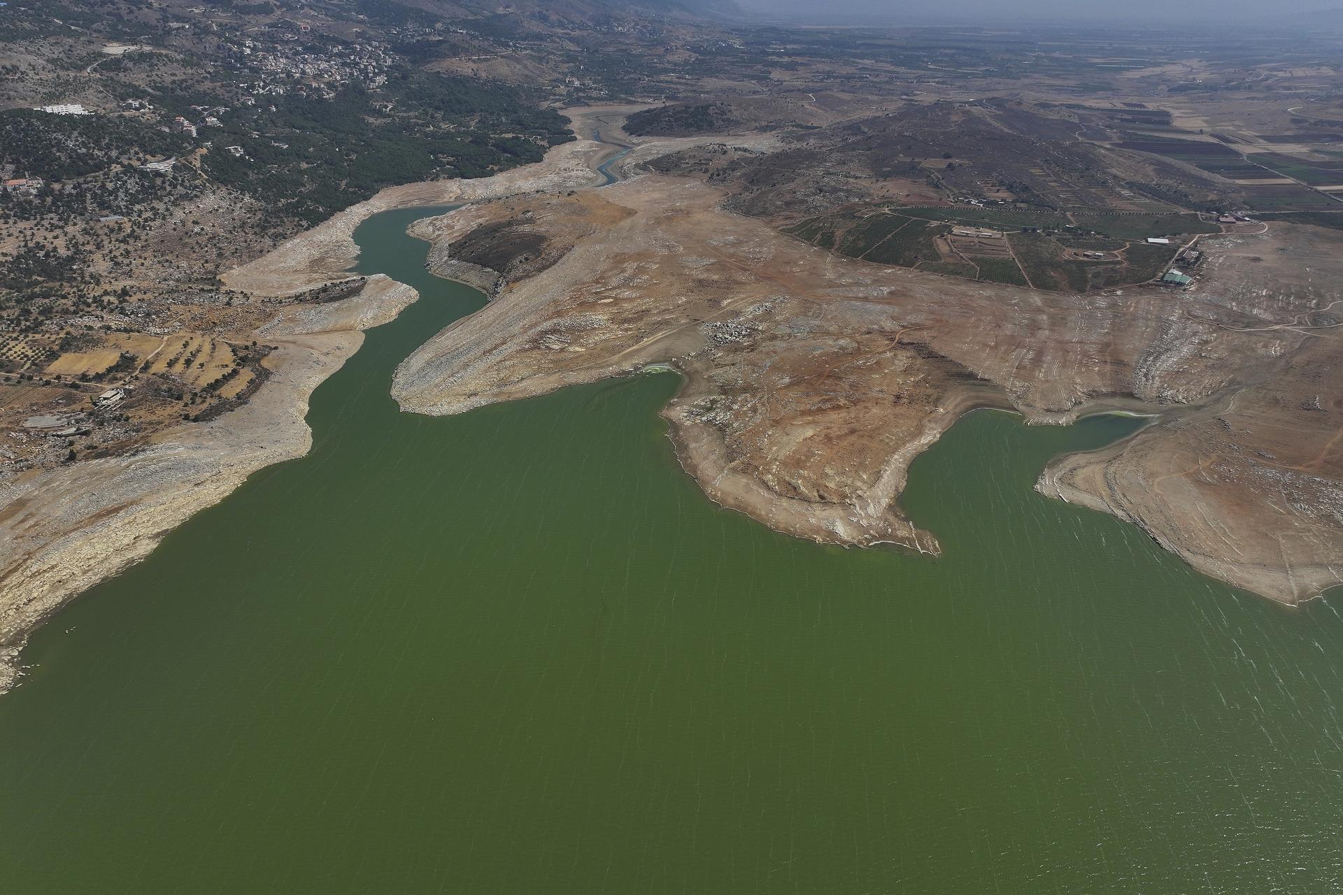 A drone view shows dramatically low water levels at Lake Qaraoun in eastern Lebanon on Aug. 6. (AP Photo/Hussein Malla)