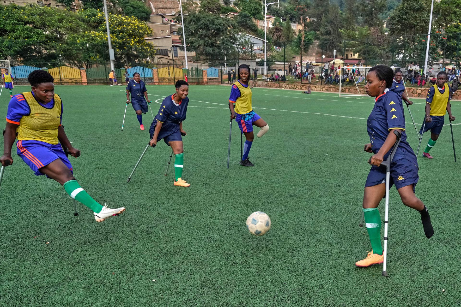 Soccer players on the Rwanda Amputee team take part in a training session in Kigali, Rwanda, in March. (AP Photo/Brian Inganga)
