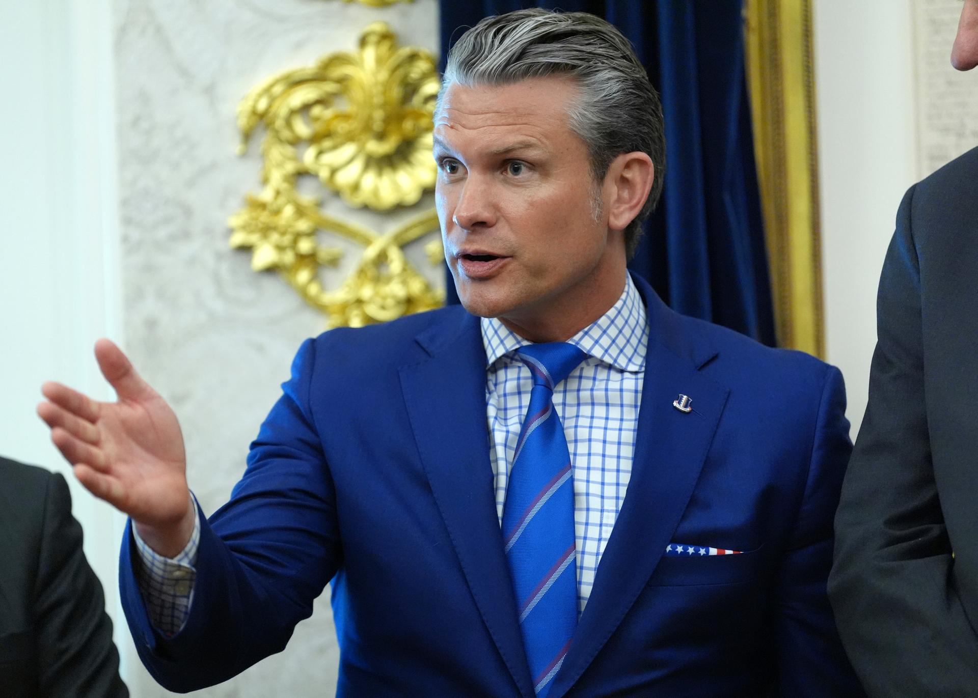 Defense Secretary Pete Hegseth speaks in the Oval Office of the White House, Monday, in Washington. 
