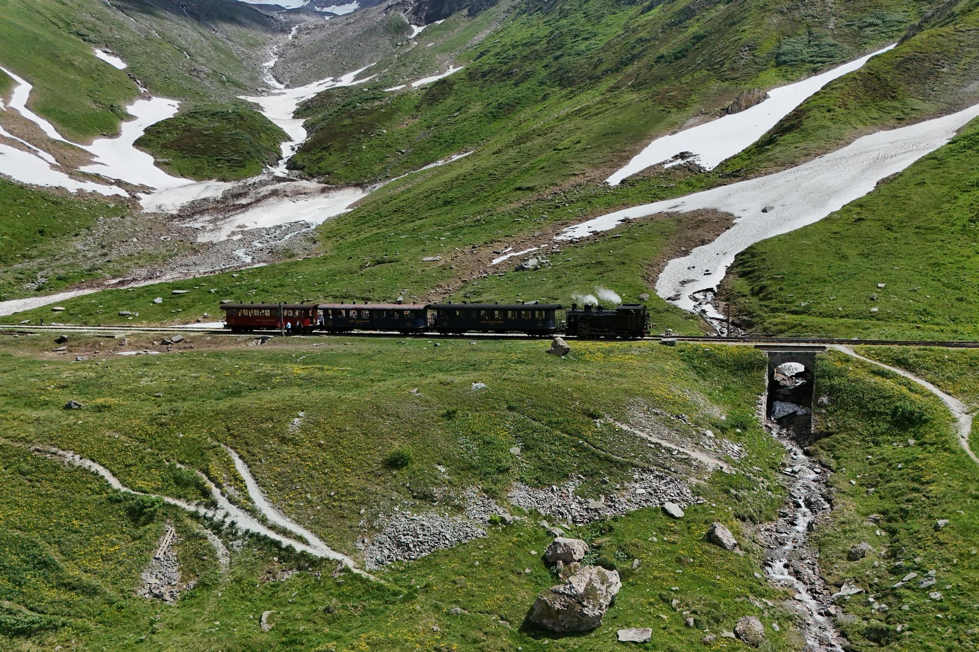 A steam train near the Muttbach-Belvedere station, close to Realp, Switzerland, June 26. 