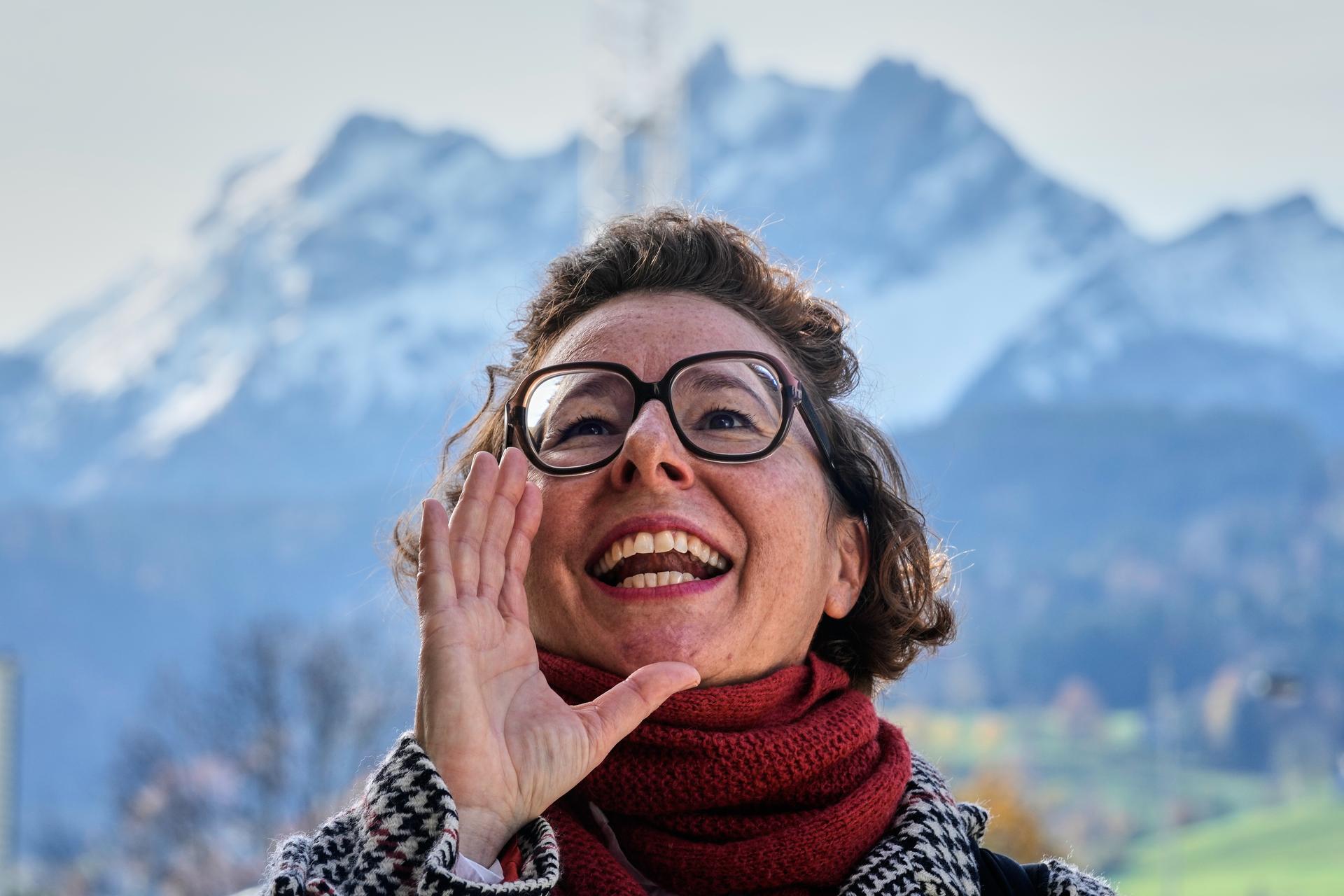 Teacher Nadja Raess yodels in Lucerne, Switzerland, Wednesday. 