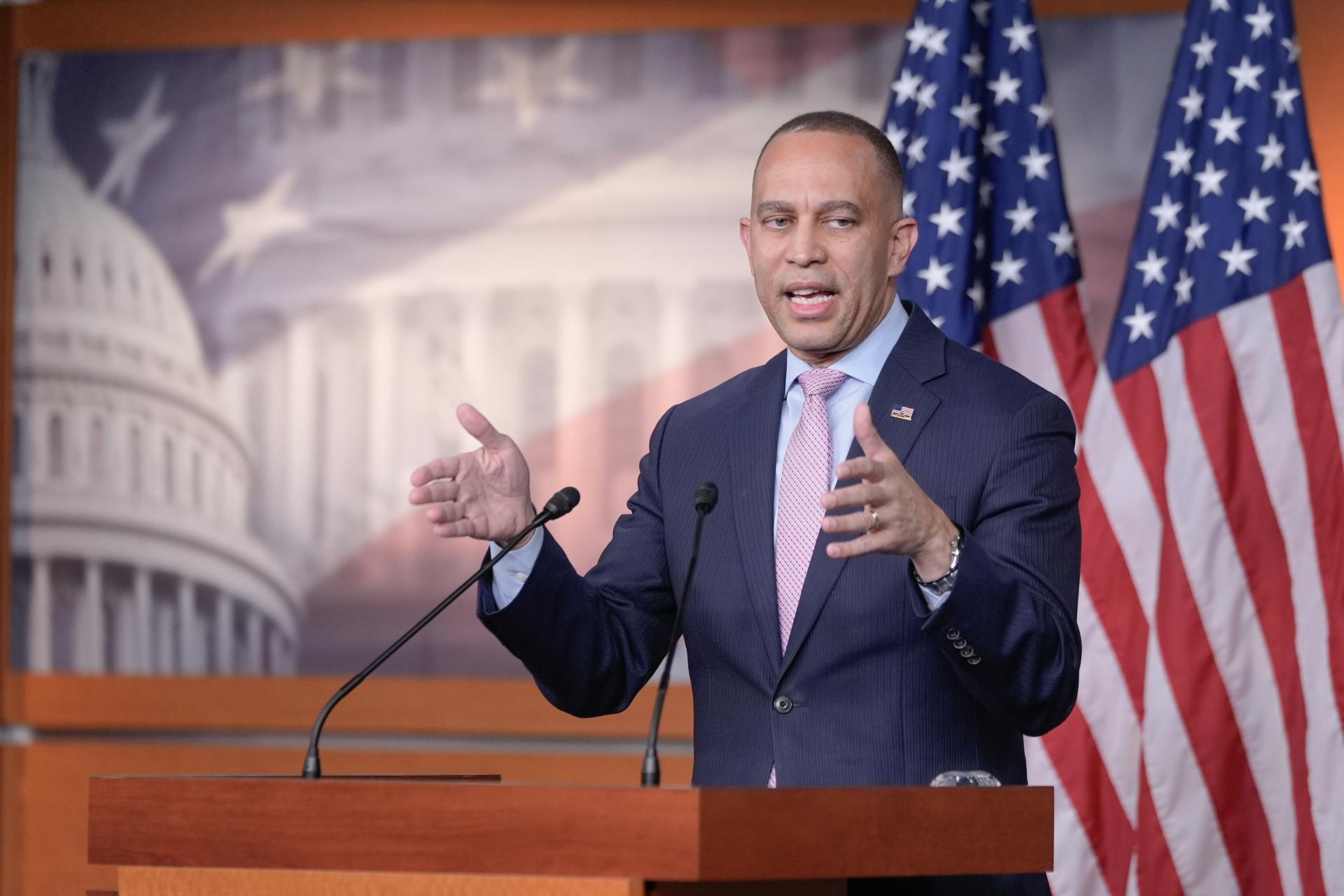 House Minority Leader Hakeem Jeffries, D-N.Y., speaks during a news conference on Capitol Hill, Monday, in Washington.