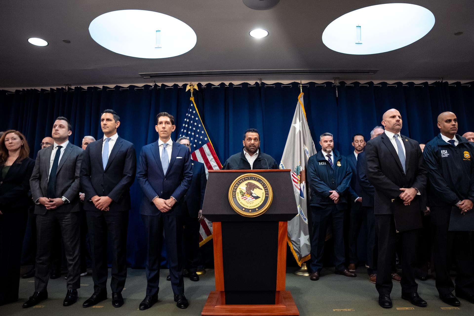 FBI director Kash Patel speaks at a press conference announcing the arrests of Portland Trail Blazers head coach Chauncey Billups and Miami Heat guard Terry Rozier in connection with a federal investigation into sports betting and illegal gambling on Thursday, in New York. (AP Photo/Angelina Katsanis)