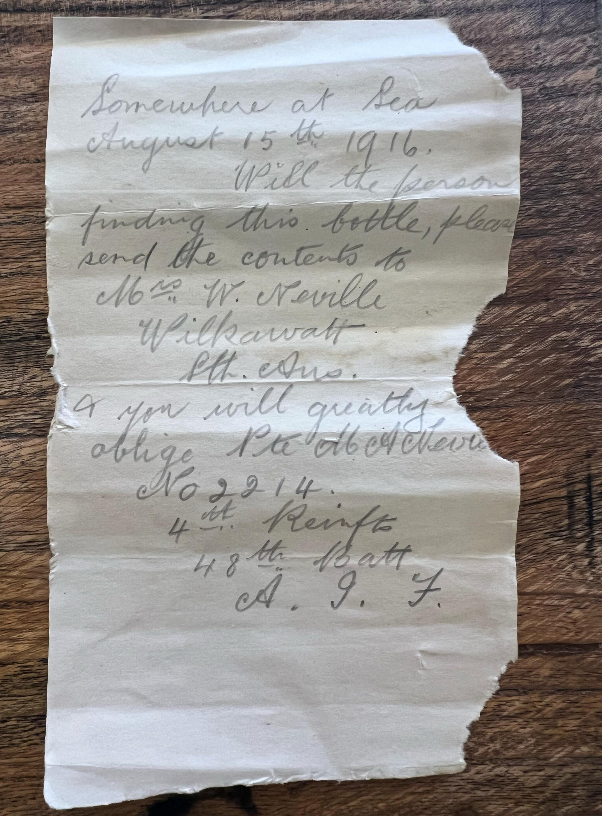 A letter discovered in a bottle in Condingup, Australia, Saturday.