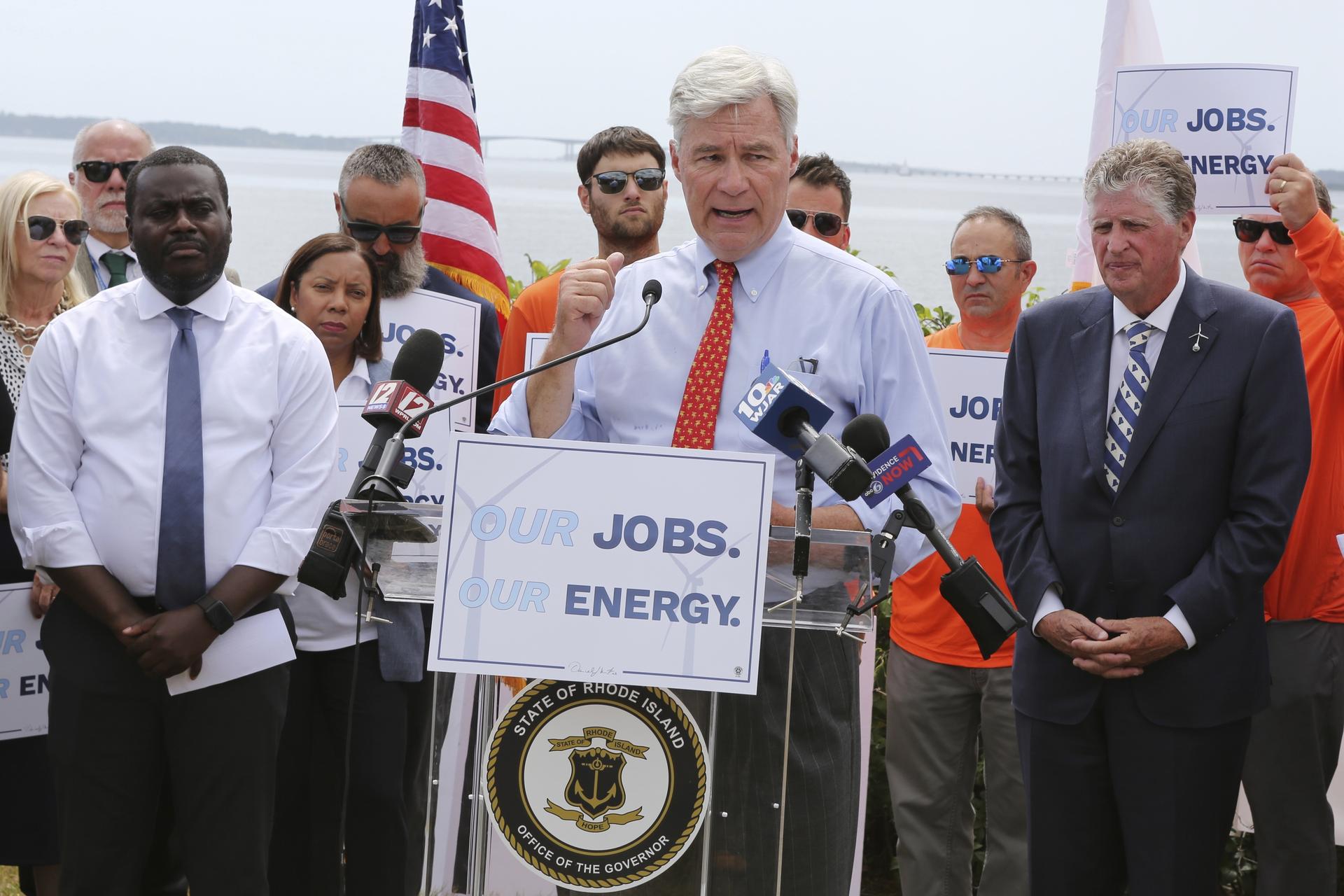 Sen. Sheldon Whitehouse, D-R.I., speaks about the Trump administration's decision to halt construction on the Revolution Wind offshore wind farm during a news conference in August. (AP Photo/Jennifer McDermott)