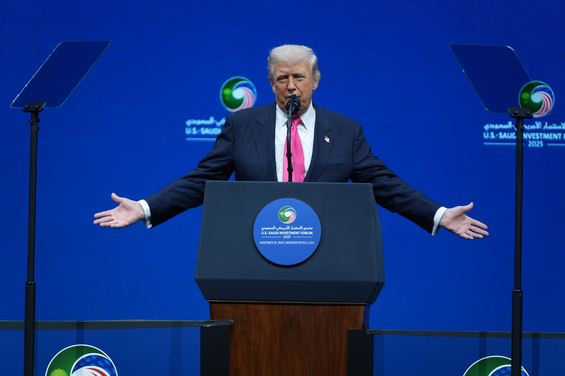 President Donald Trump speaks during the Saudi Investment Forum at the Kennedy Center on Wednesday. (AP Photo/Evan Vucci)