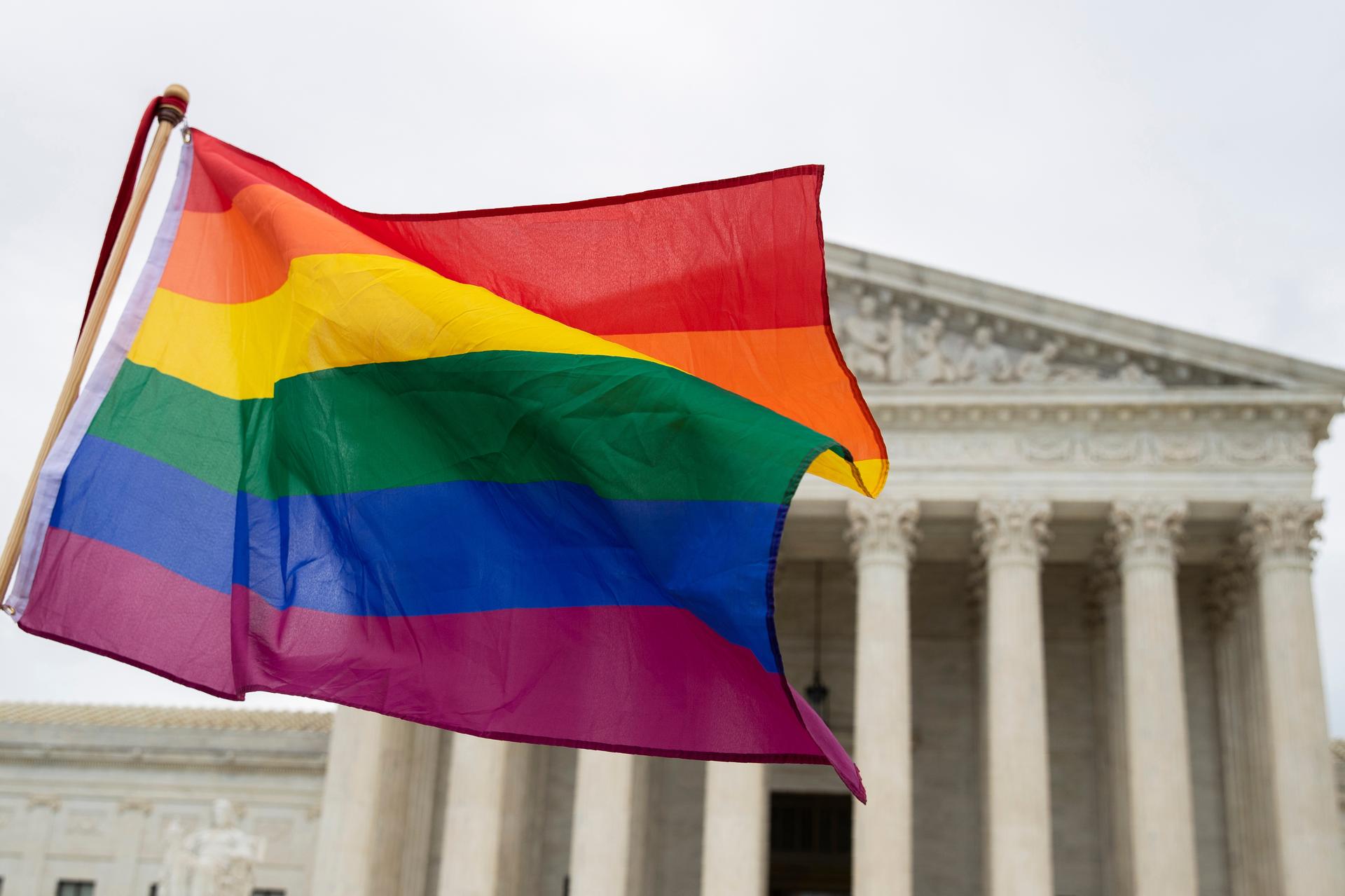 A rainbow flag is flown outside the U.S. Supreme Court in 2019. (AP Photo/Manuel Balce Ceneta)