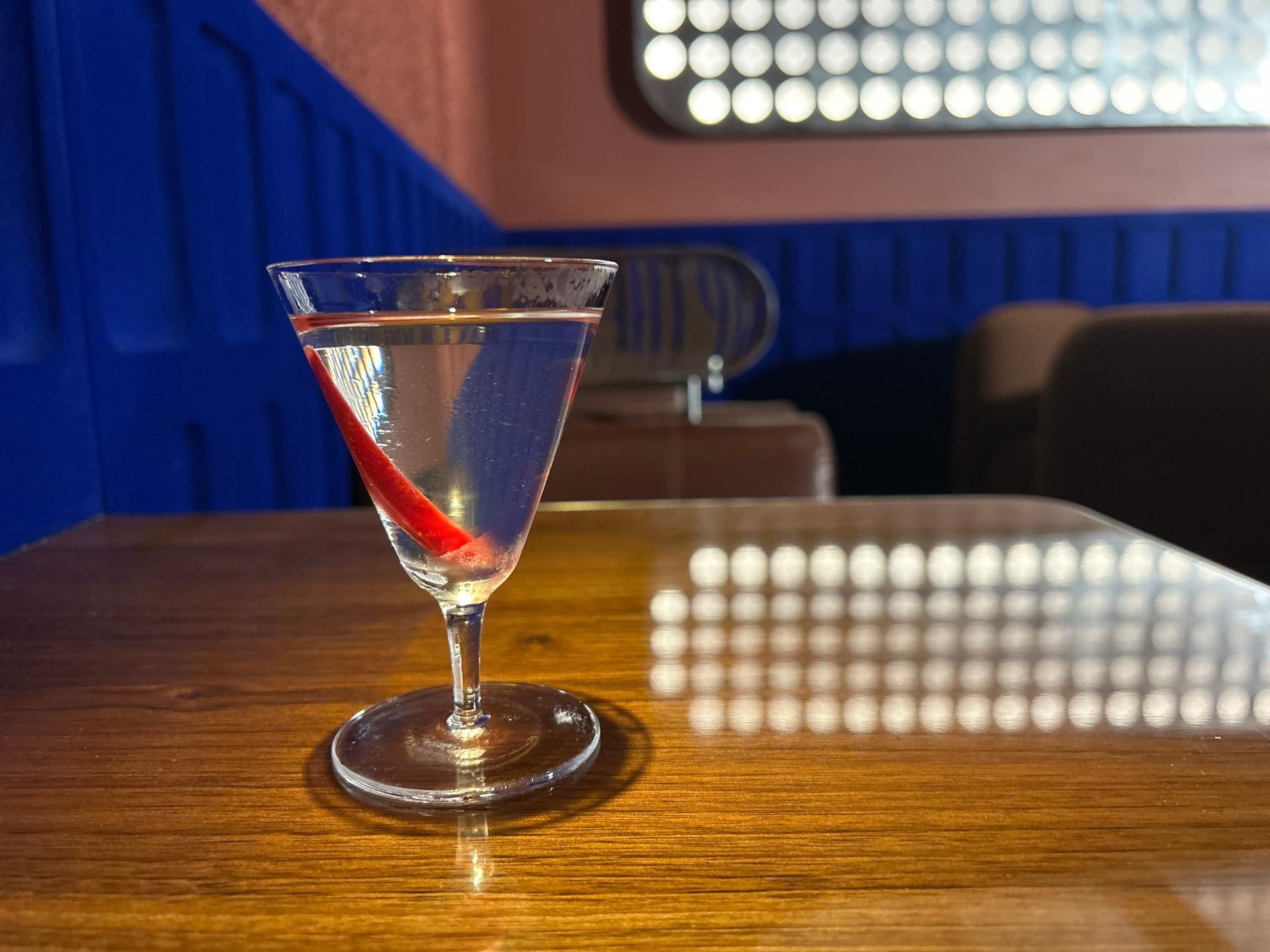 A spicy cocktail called Late Night, made with a brine mix of onion, olive and sivri pepper, in London on June 24. 