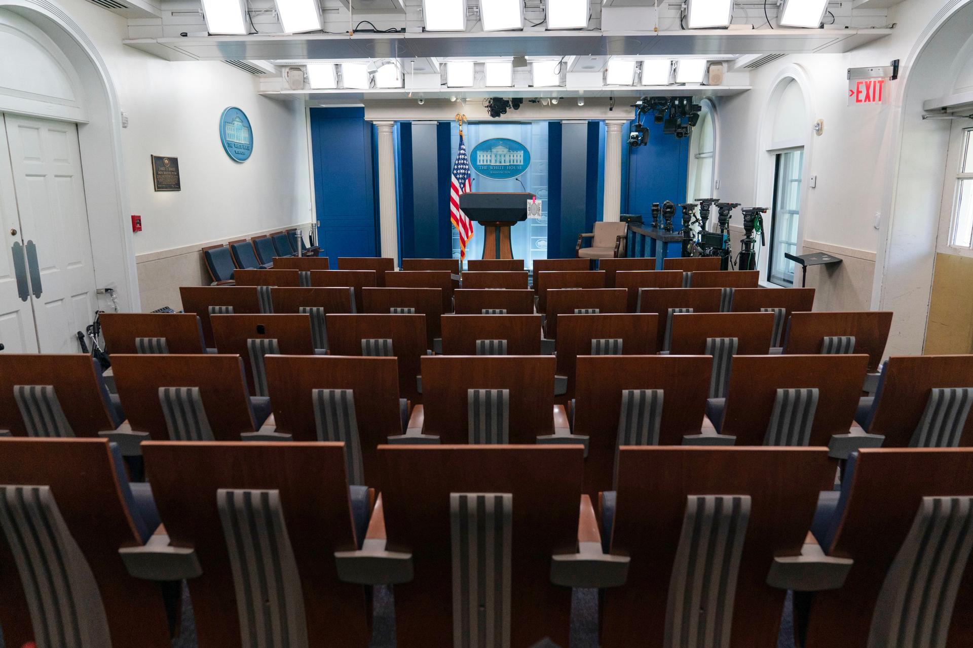 The James Brady Press Briefing Room is seen at the White House Saturday, in Washington. 