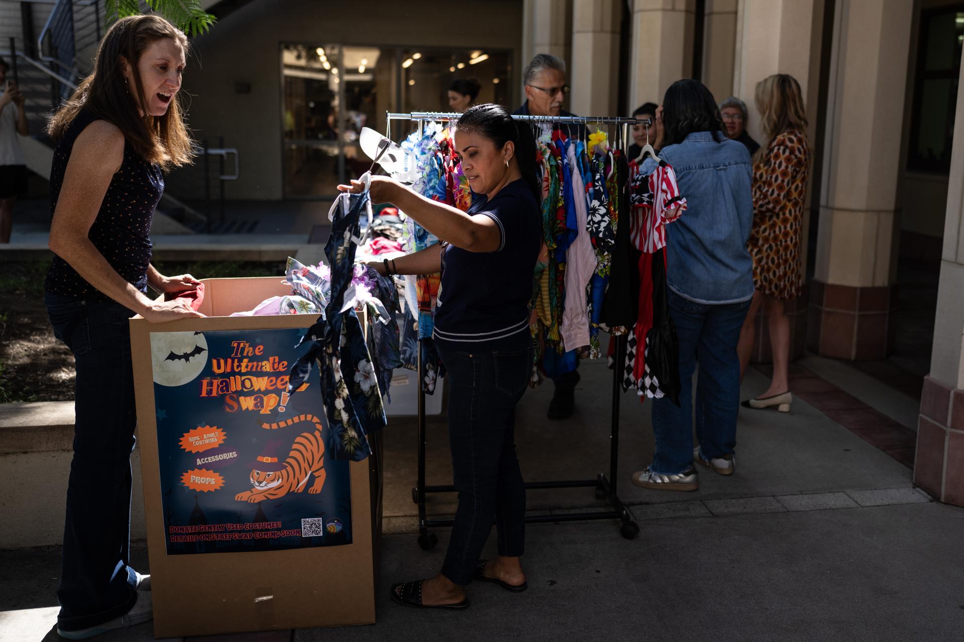 People gather at a Halloween costume swap at Occidental College in Los Angeles, Oct. 16.