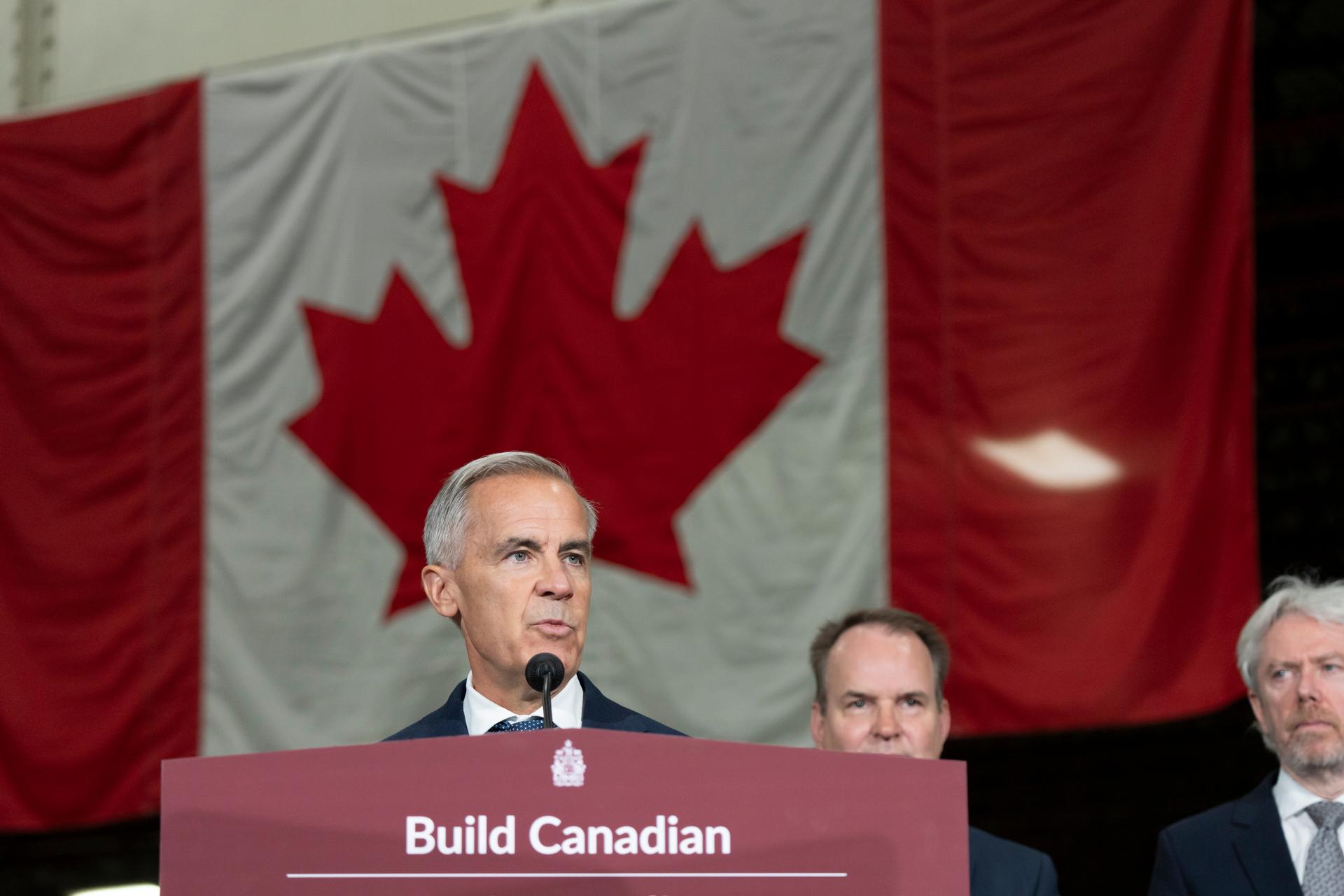 Prime Minister Mark Carney speaks at the Alstom Plant in Thunder Bay, Ontario, Canada, on Sept. 3.