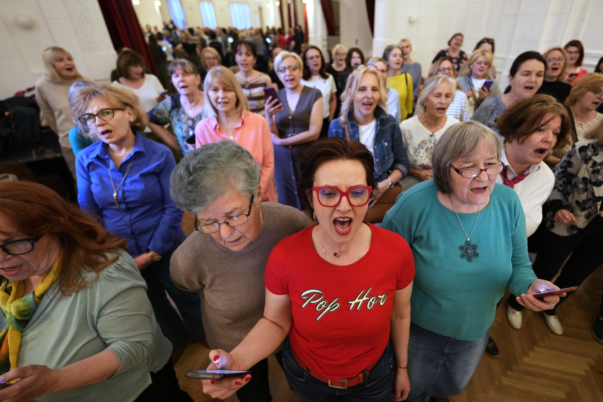 Choir members perform a song during a practice in Belgrade, Serbia, April 15. 