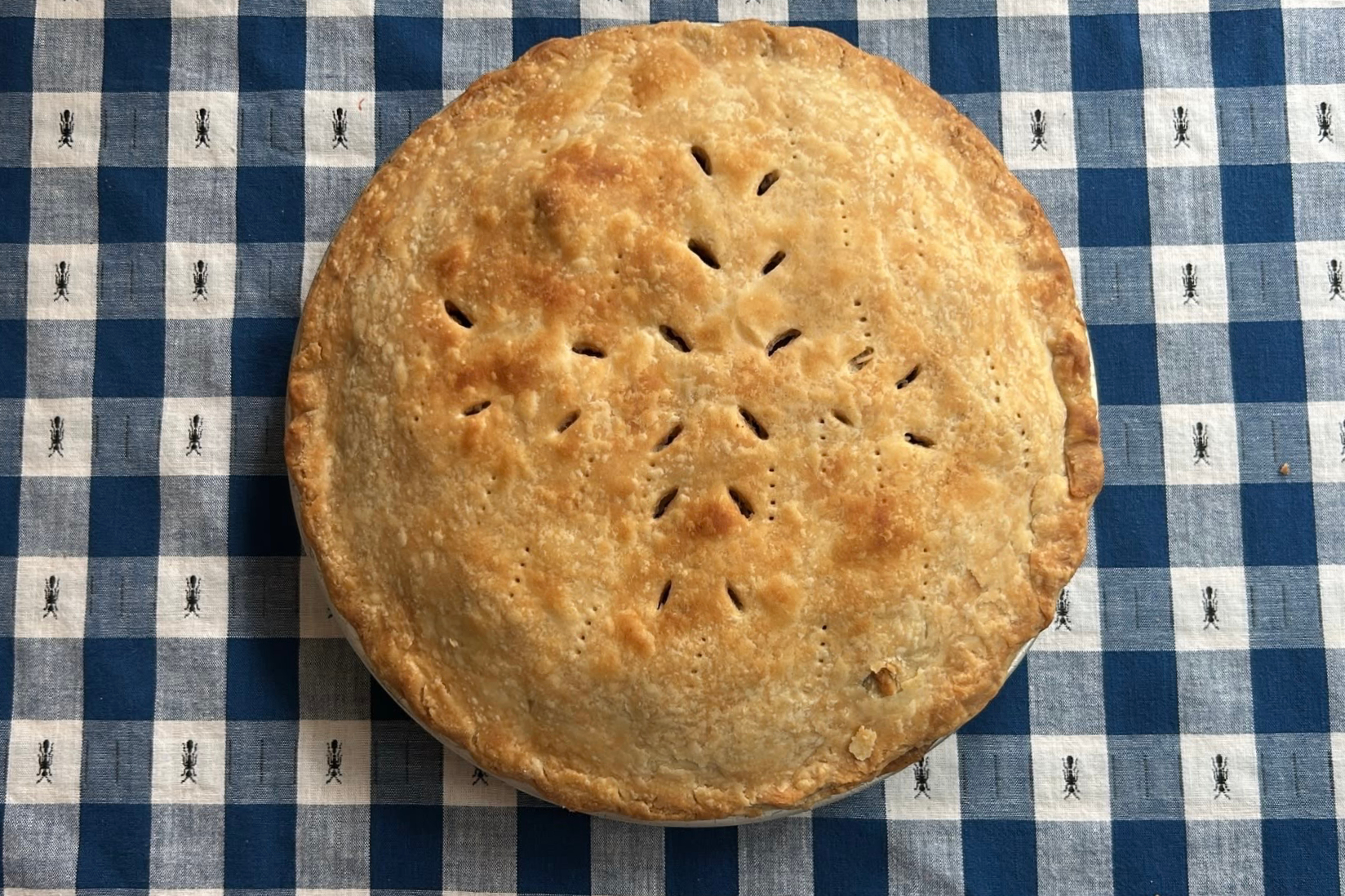 A freshly baked apple pie sits on a tablecloth in Marlborough, Massachusetts, on June 26.