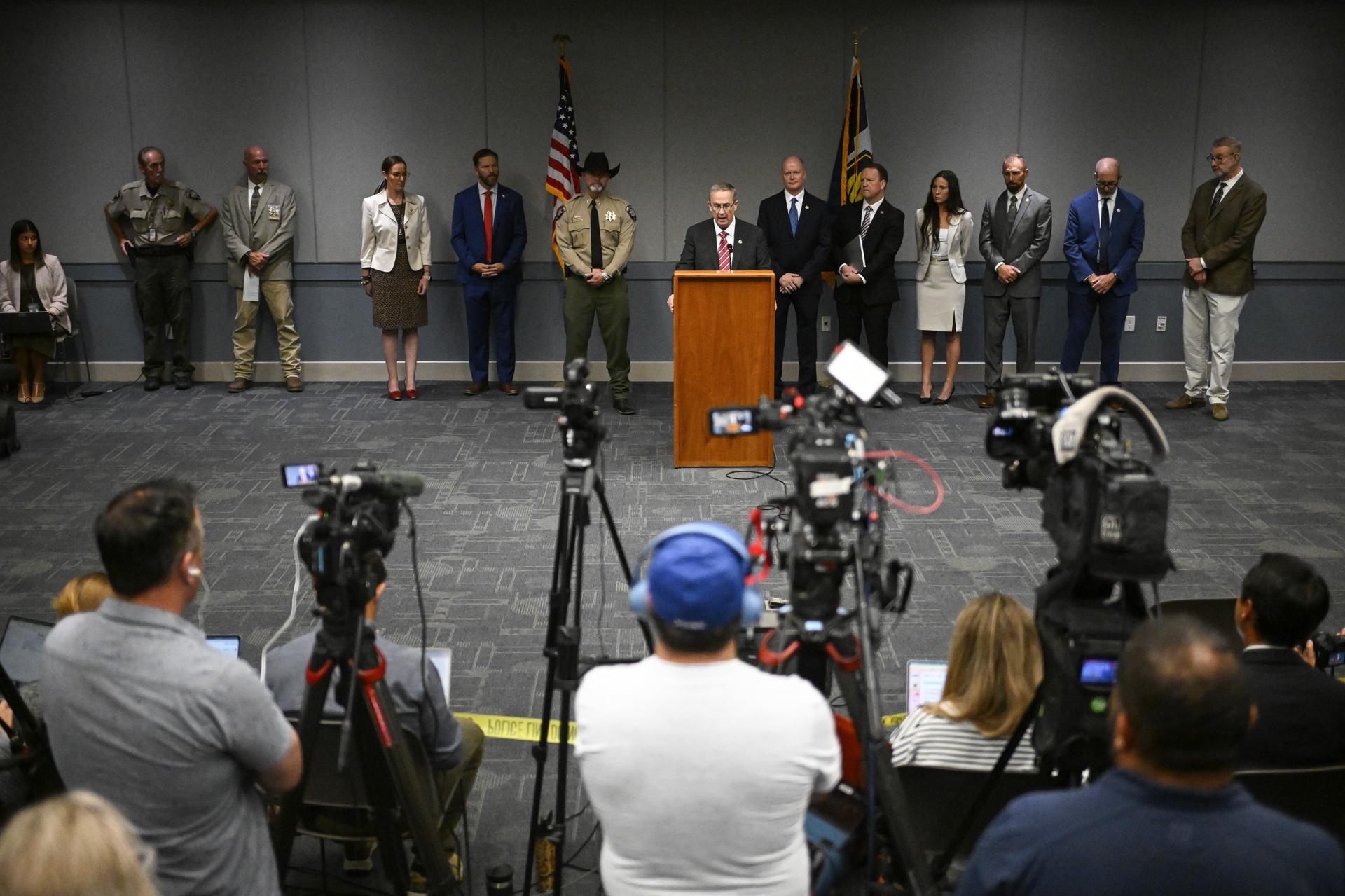 Utah County Attorney Jeff Gray speaks during a news conference on Tuesday announcing charges filed against Tyler Robinson, accused of fatally shooting Charlie Kirk. (AP Photo/Alex Goodlett)