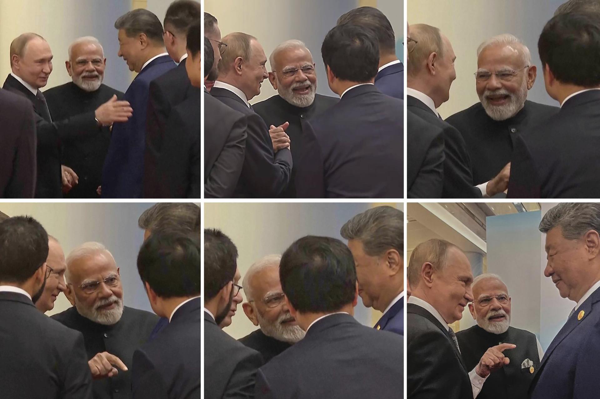 Russia's Vladimir Putin, India's Narendra Modi, and China's Xi Jinping at the Shanghai Cooperation Organization summit in Tianjin, China, Monday.