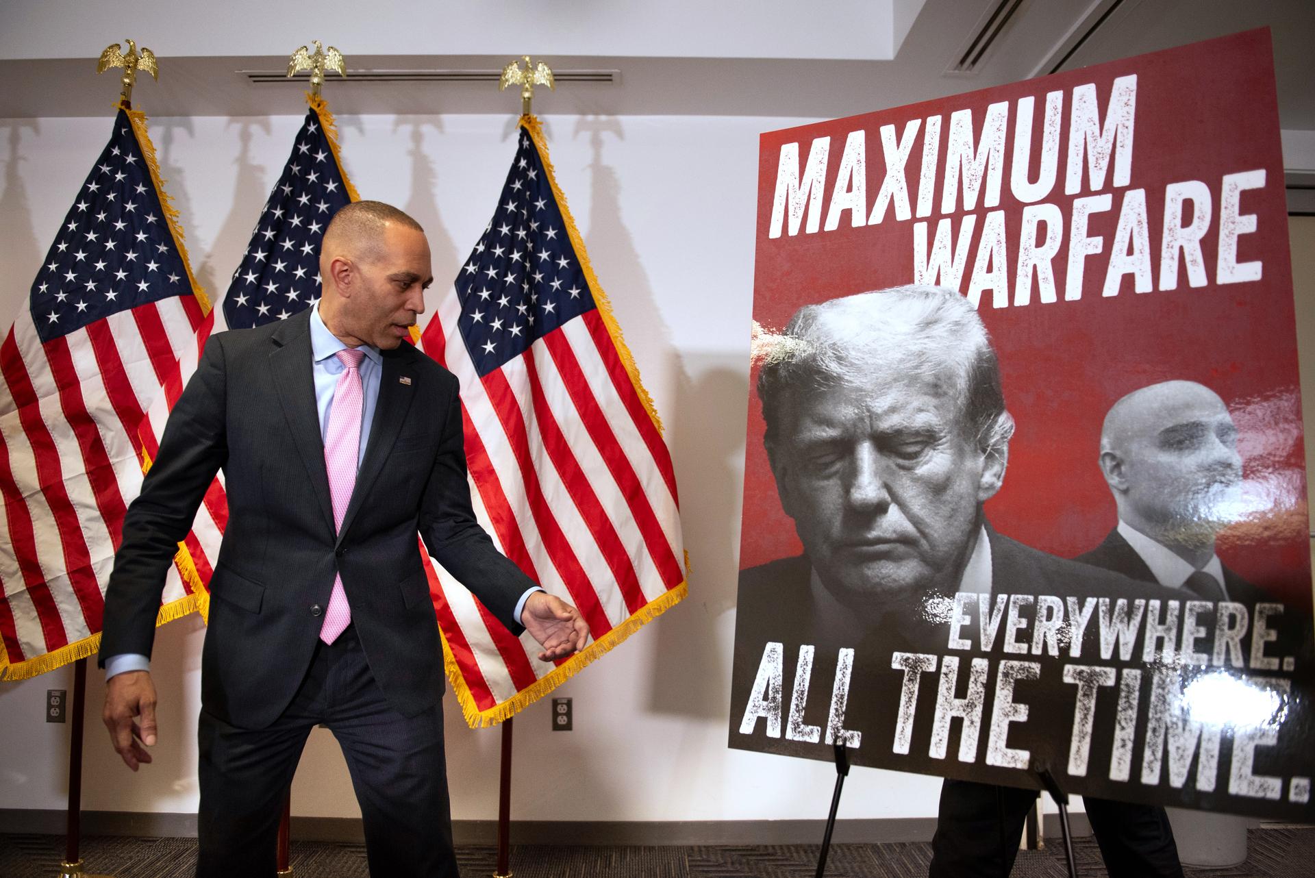 House Minority Leader Hakeem Jeffries, D-N.Y., speaks about Virginia’s redistricting vote, at the Democratic National Committee headquarters in Washington, April 22.